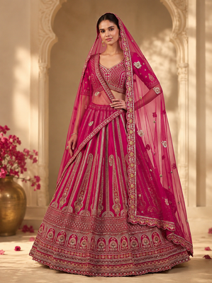 rani pink color Multi Thread and Sequins and Zari Embroidered and Crystal Beads work silk blend Lehenga Choli set 1