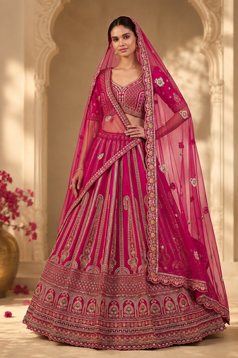 rani pink color Multi Thread and Sequins and Zari Embroidered and Crystal Beads work silk blend Lehenga Choli set