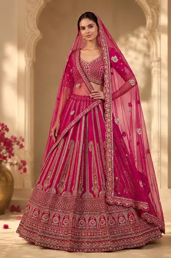 rani pink color Multi Thread and Sequins and Zari Embroidered and Crystal Beads work silk blend Lehenga Choli set