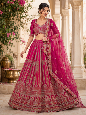 rani pink color Multi Thread and Sequins and Zari Embroidered and Crystal Beads work silk blend Lehenga Choli set 2