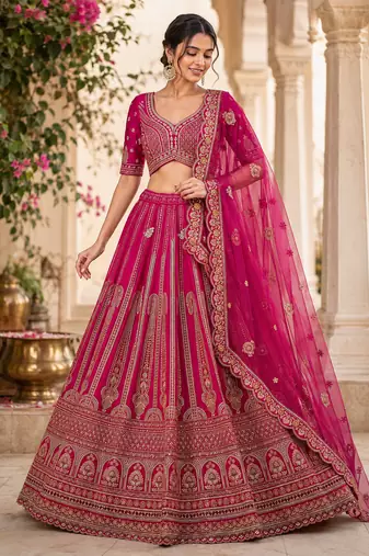 rani pink color Multi Thread and Sequins and Zari Embroidered and Crystal Beads work silk blend Lehenga Choli set