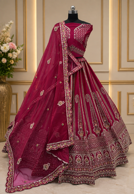 rani pink color Multi Thread and Sequins and Zari Embroidered and Crystal Beads work silk blend Lehenga Choli set 3