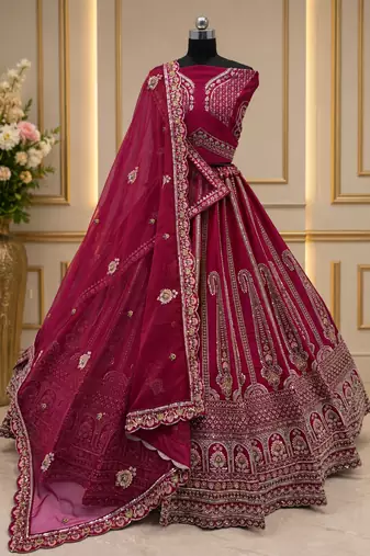 rani pink color Multi Thread and Sequins and Zari Embroidered and Crystal Beads work silk blend Lehenga Choli set