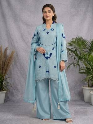 sky blue color embroidery work organza salwar suit 1