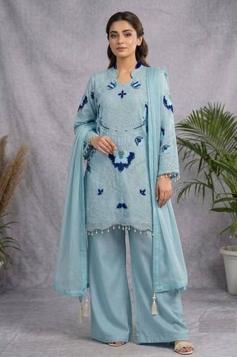 sky blue color embroidery work organza salwar suit