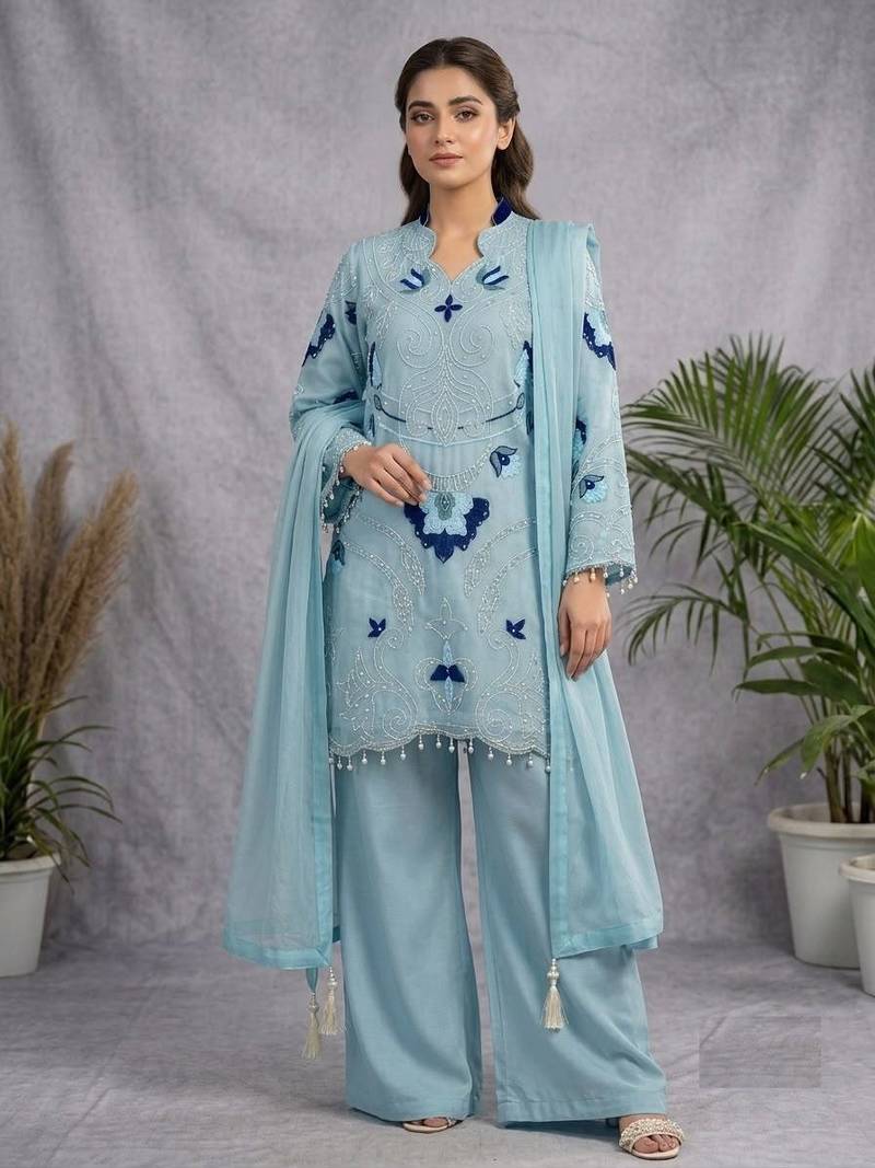 sky blue color embroidery work organza salwar suit