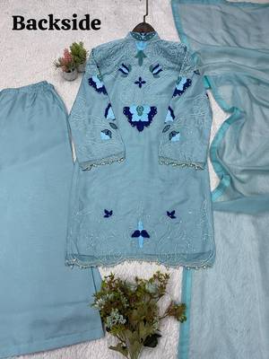 sky blue color embroidery work organza salwar suit 2