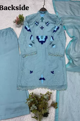 sky blue color embroidery work organza salwar suit