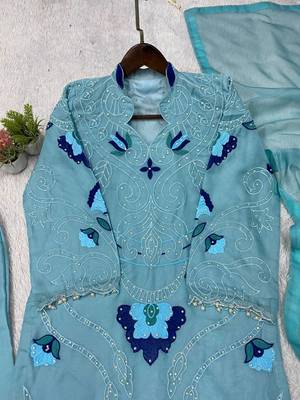 sky blue color embroidery work organza salwar suit 3
