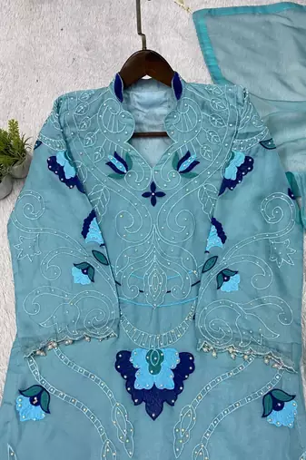 sky blue color embroidery work organza salwar suit