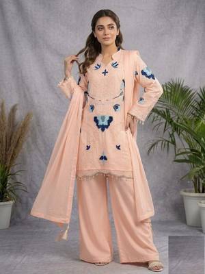 Peach Color Embroidery Work Organza Salwar Suit 1