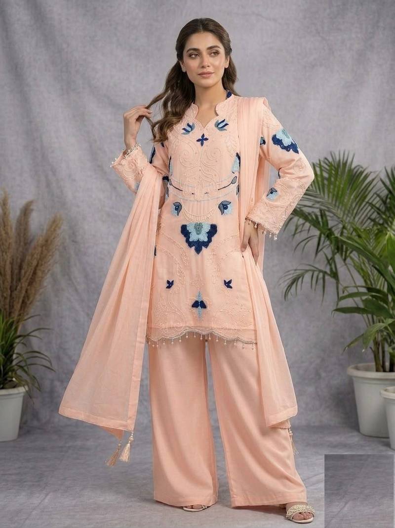 Peach Color Embroidery Work Organza Salwar Suit