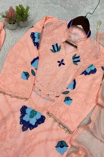 Peach Color Embroidery Work Organza Salwar Suit