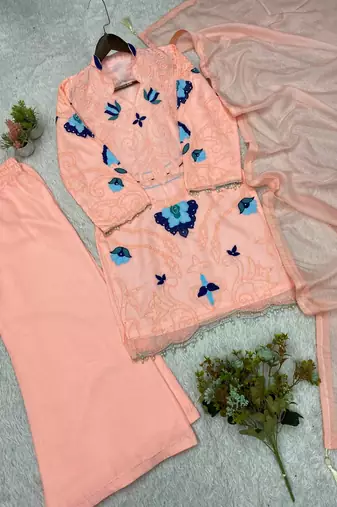 Peach Color Embroidery Work Organza Salwar Suit