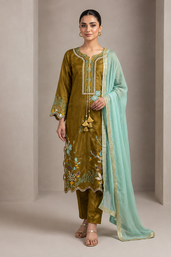 mehndi color embroidery work silk blend salwar suit