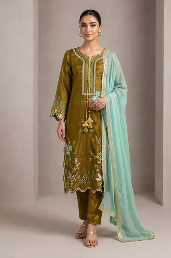 mehndi color embroidery work silk blend salwar suit
