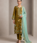 mehndi color embroidery work silk blend salwar suit