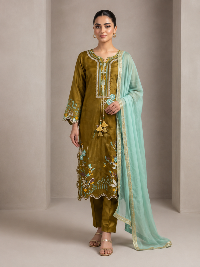 mehndi color embroidery work silk blend salwar suit