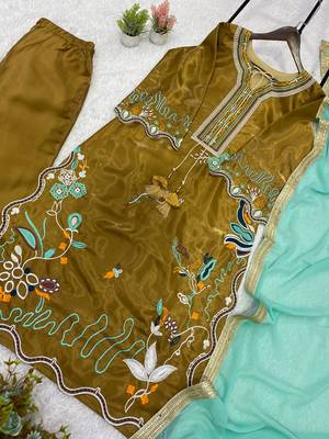 mehndi color embroidery work silk blend salwar suit 3