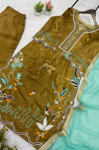 mehndi color embroidery work silk blend salwar suit