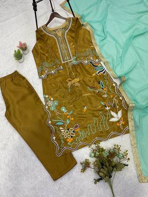 mehndi color embroidery work silk blend salwar suit 4