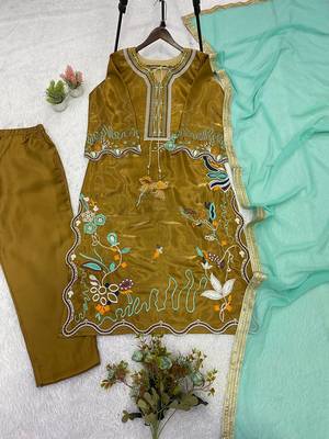mehndi color embroidery work silk blend salwar suit 5