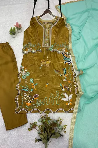 mehndi color embroidery work silk blend salwar suit