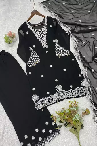 Black Color Sequence Embroidery Work Georgette Salwar Suit