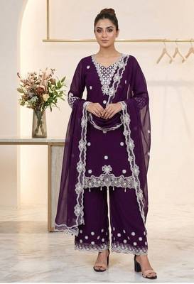 wine color sequence embroidery work georgette salwar suit 1