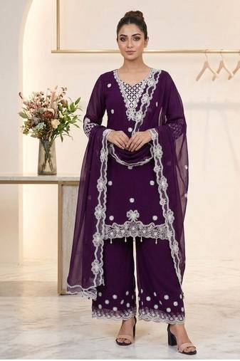 wine color sequence embroidery work georgette salwar suit