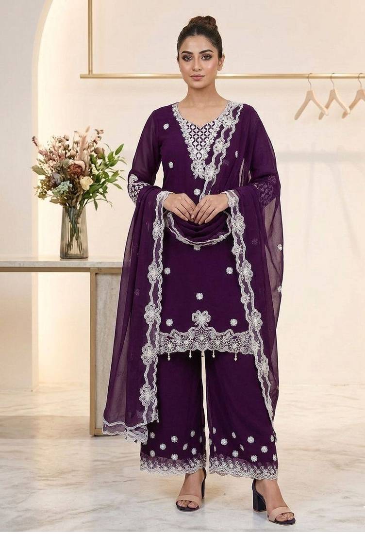 wine color sequence embroidery work georgette salwar suit