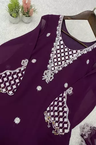wine color sequence embroidery work georgette salwar suit