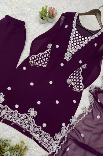 wine color sequence embroidery work georgette salwar suit