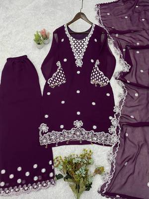 wine color sequence embroidery work georgette salwar suit 5