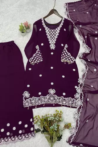 wine color sequence embroidery work georgette salwar suit