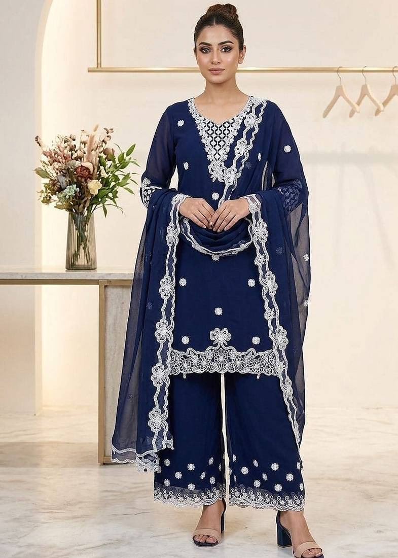 Blue Color Sequence Embroidery Work Georgette Salwar Suit