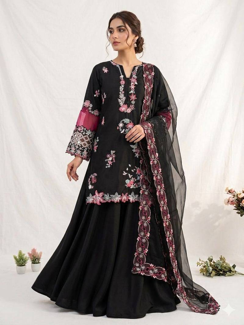 Black Color Sequence Embroidery Work Silk Blend Salwar Suit