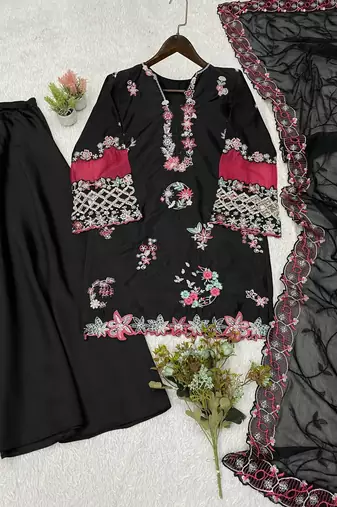Black Color Sequence Embroidery Work Silk Blend Salwar Suit