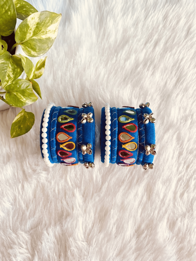  handcrafted royal blue teardrop mirror & pearl bangle stack (for both hands)