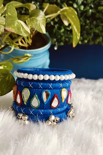  handcrafted royal blue teardrop mirror & pearl bangle stack (for both hands)