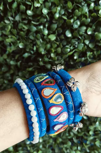  handcrafted royal blue teardrop mirror & pearl bangle stack (for both hands)