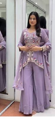 Lavender Color Sequence Embroidery Work Silk Blend Salwar Suit 1