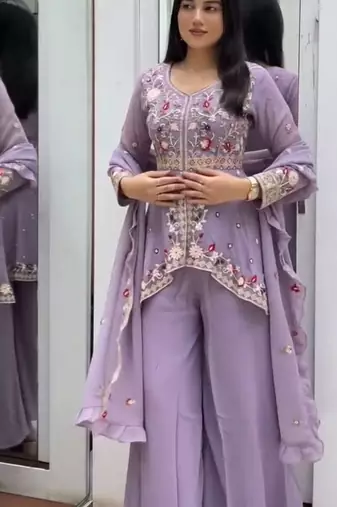 Lavender Color Sequence Embroidery Work Silk Blend Salwar Suit