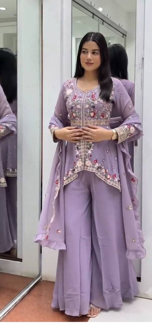 Lavender Color Sequence Embroidery Work Silk Blend Salwar Suit