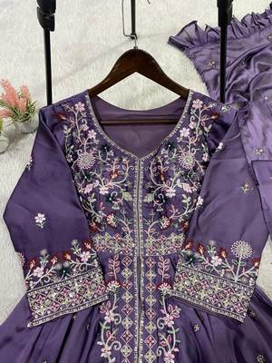 Lavender Color Sequence Embroidery Work Silk Blend Salwar Suit 2