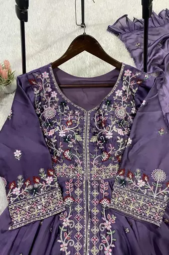 Lavender Color Sequence Embroidery Work Silk Blend Salwar Suit