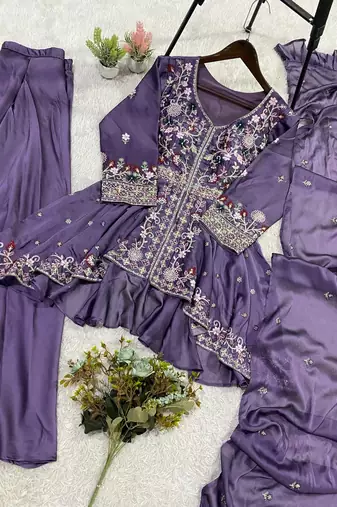 Lavender Color Sequence Embroidery Work Silk Blend Salwar Suit