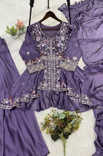 Lavender Color Sequence Embroidery Work Silk Blend Salwar Suit
