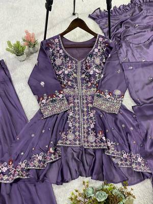Lavender Color Sequence Embroidery Work Silk Blend Salwar Suit 5