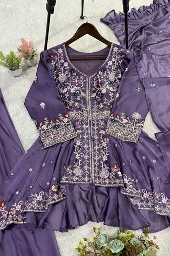 Lavender Color Sequence Embroidery Work Silk Blend Salwar Suit